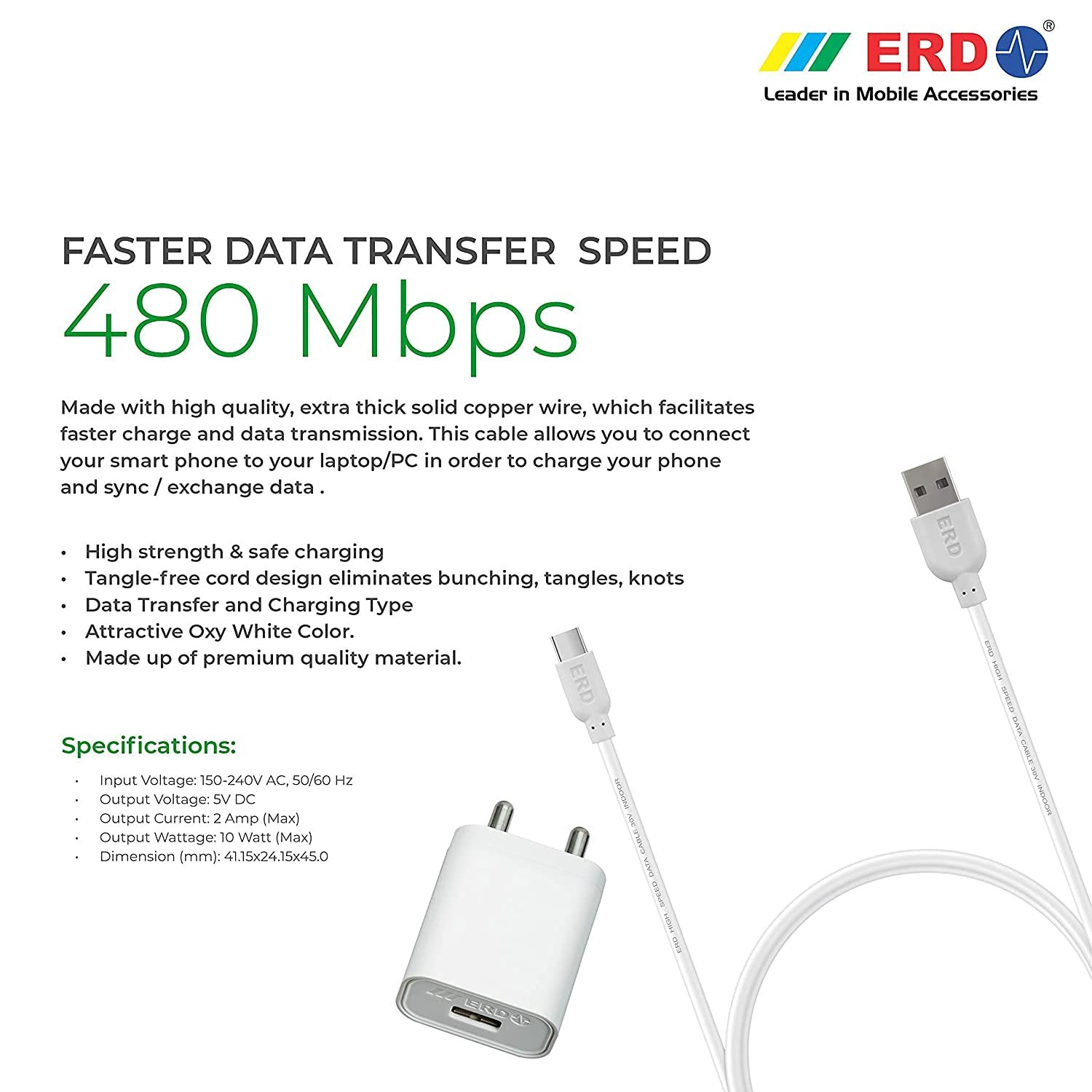 ERD TC-11 5V-2Amp Mobile Phone Wall Charger – BIS Certified (White, With Cable) - Image 5