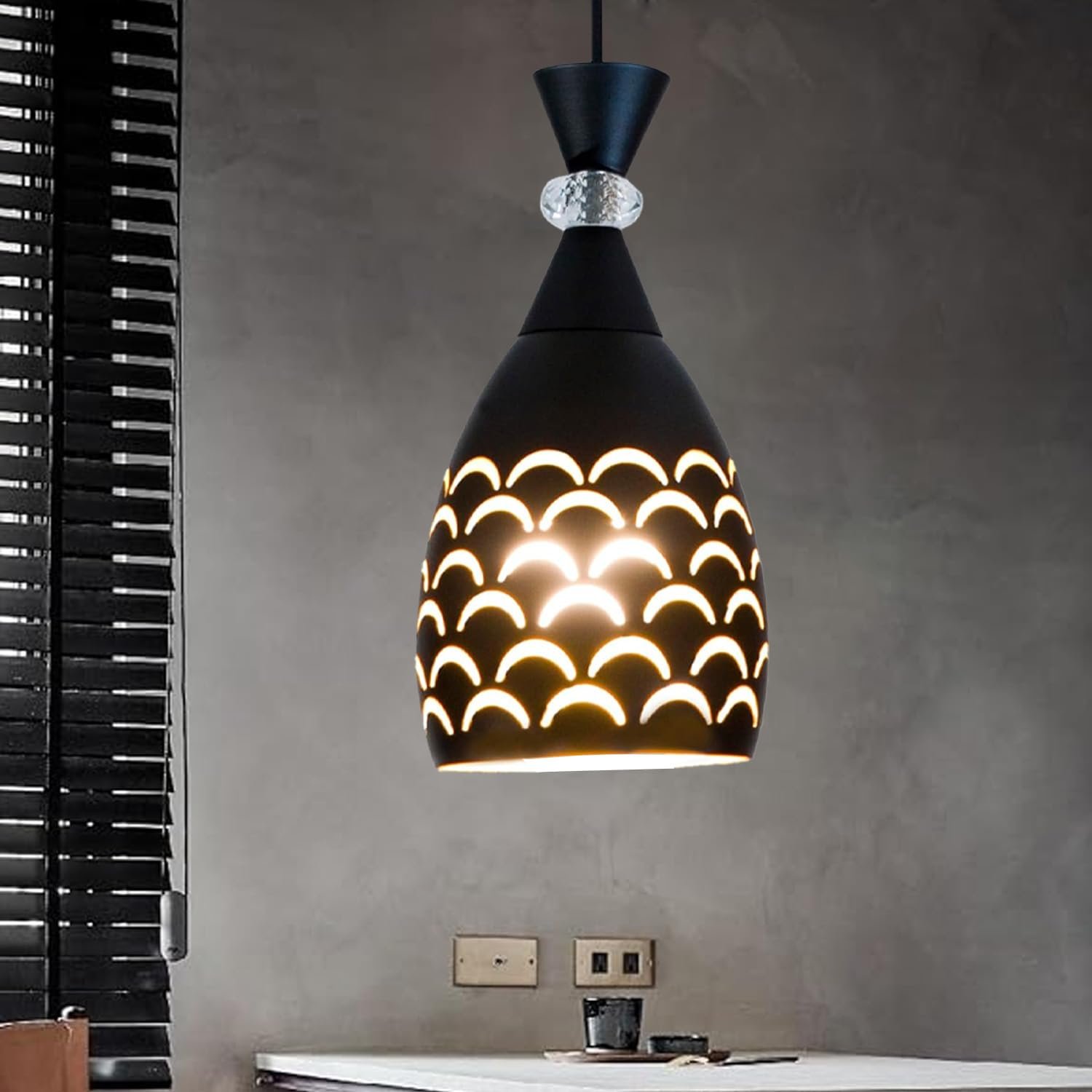 Modern Decorative Hanging Pendant Light with Bulb – Black & Lazer Cut-Design