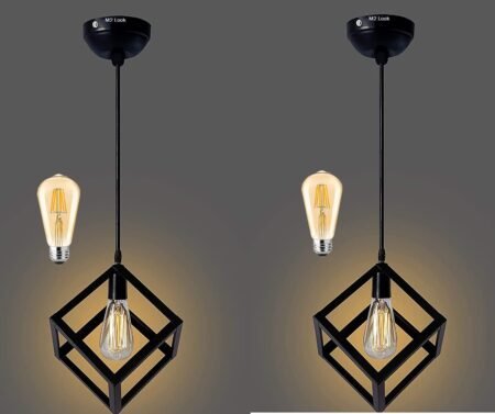 Modern Cube Pendant Hanging Light with Bulb – Set of 2