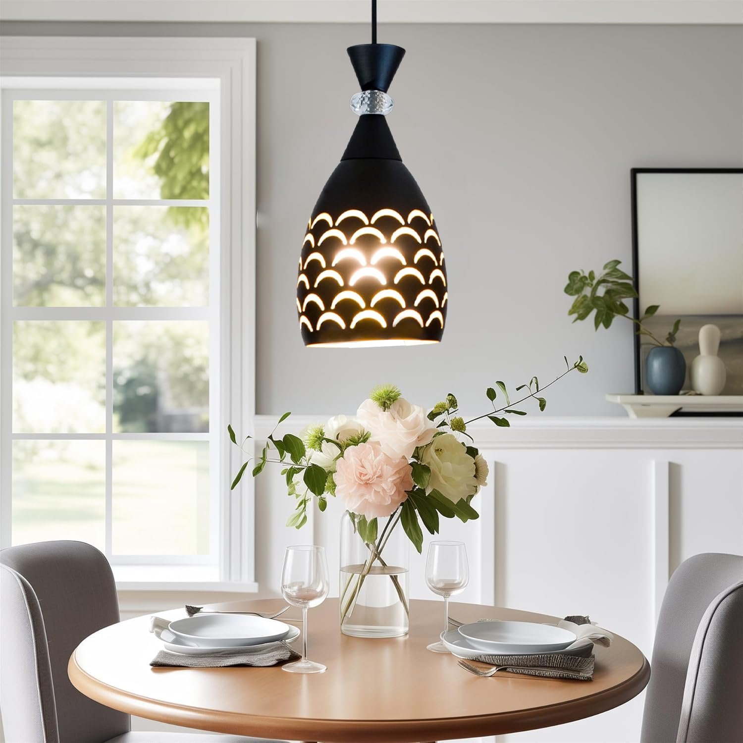 Modern Decorative Hanging Pendant Light with Bulb – Black & Lazer Cut-Design - Image 2