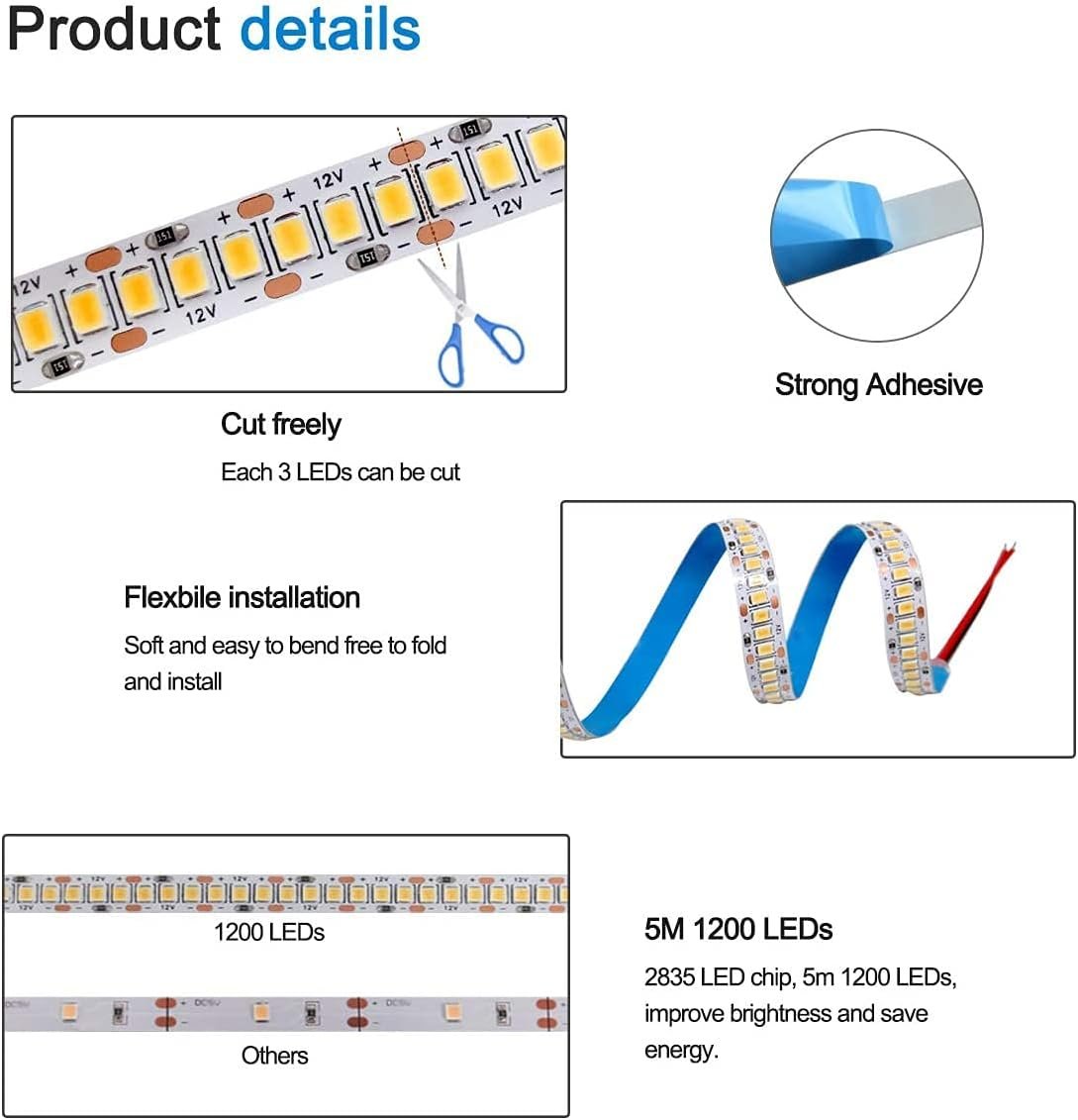 White LED Strip Light – 2835 Chip, 5M, 1200 LEDs (High Brightness, 12V) - Image 7