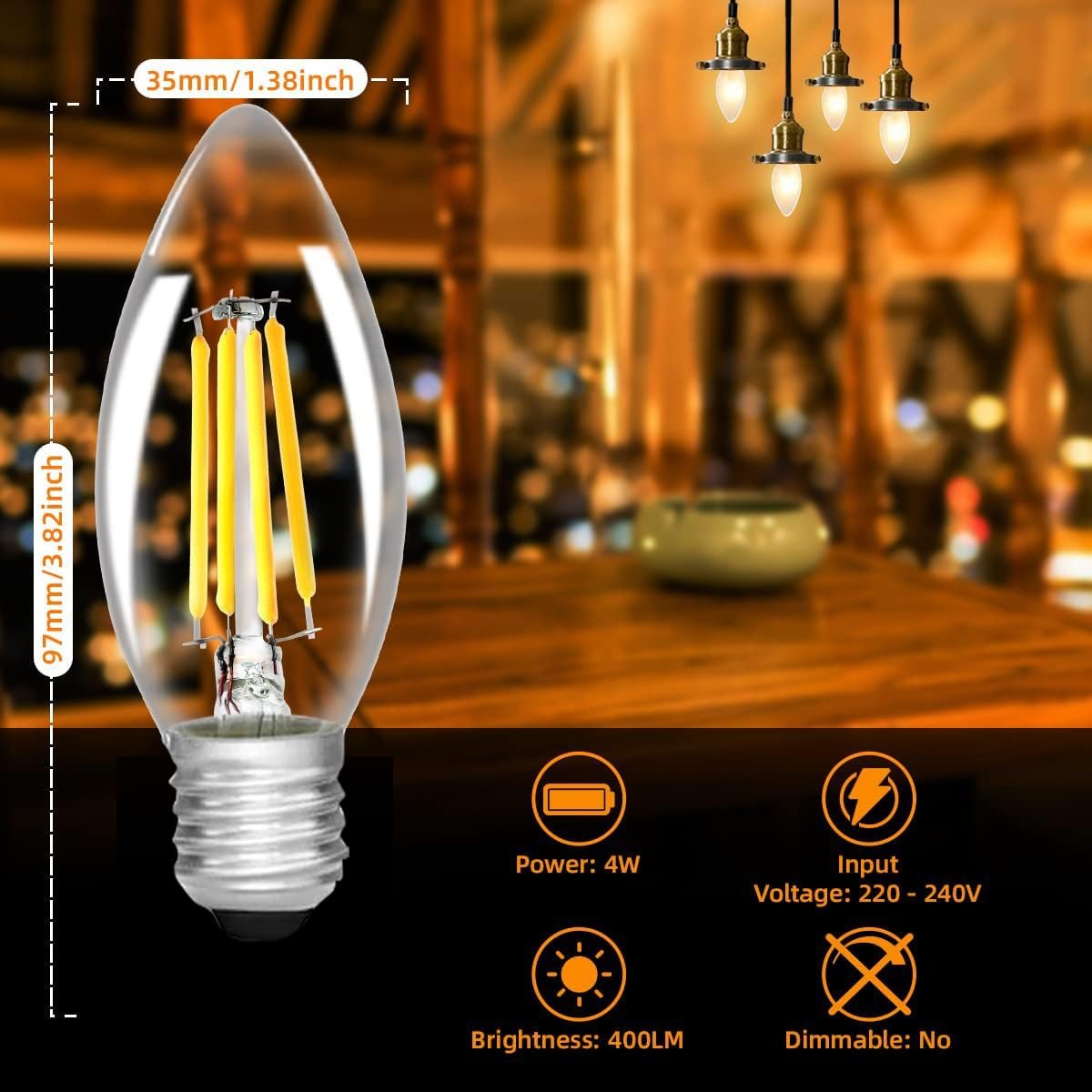 E-27 Candle LED Filament Bulb – 4W (Non-Dimmable)