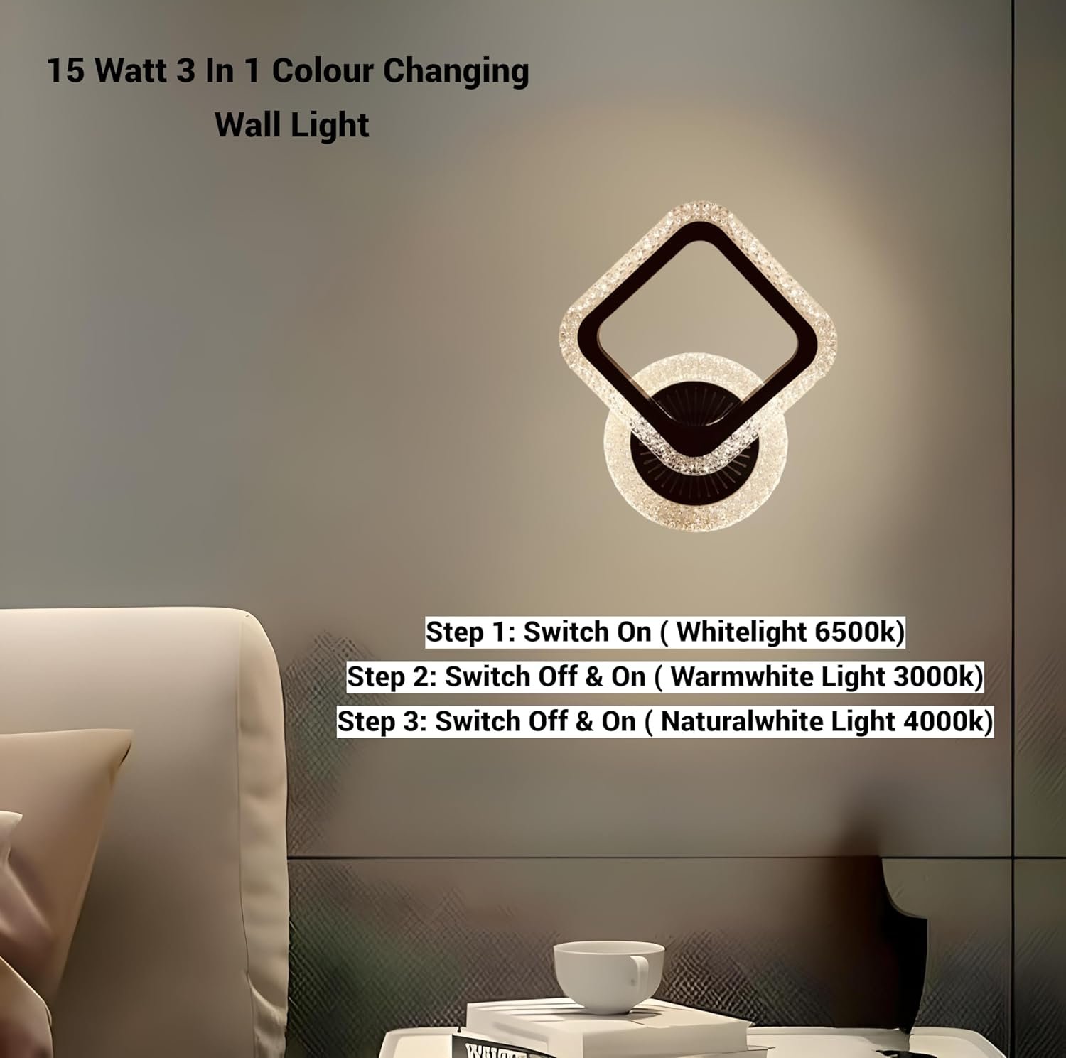 Luxurious Acrylic Crystal Wall Lamp – 3-in-1 Color with Golden Crystal Square - Image 3