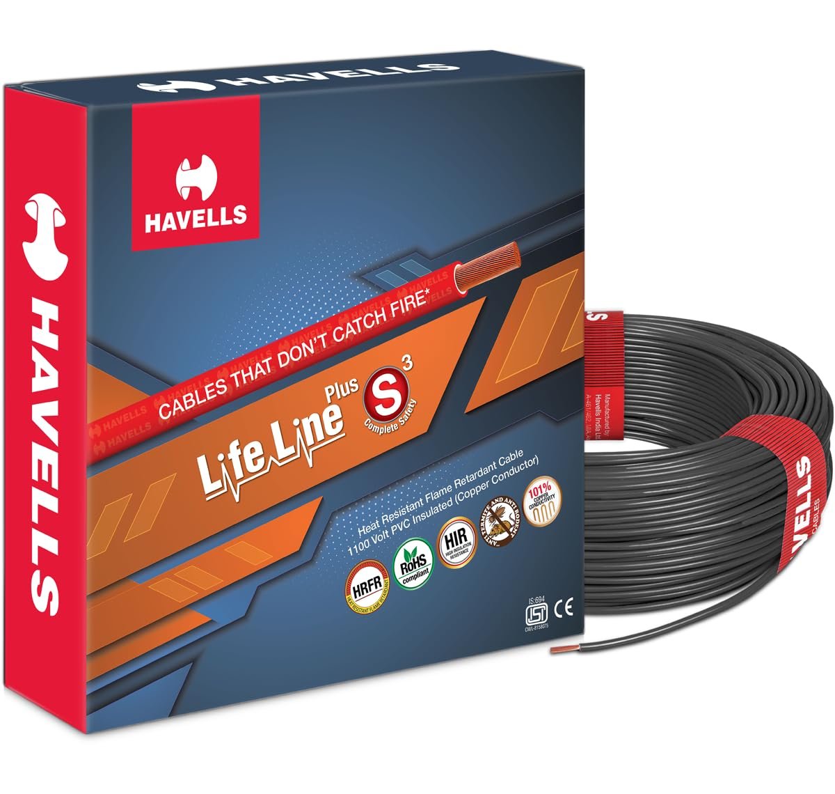 Havells LifeLine+ S3 | 1.5 sq.mm Copper Wire (90m – Black) | Class 2 Conductor (100% Copper), Heat Resistant & Flame Retardant – Ideal for Domestic & Industrial Use (WHFFDNRA11X5)