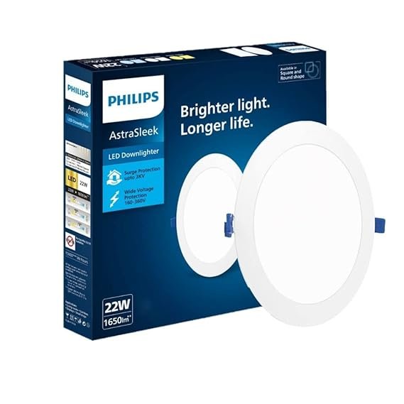 Philips Astra Sleek 22W LED Downlighter – Round Panel Light (Cool White, 1650 Lumens) – Pack of 5