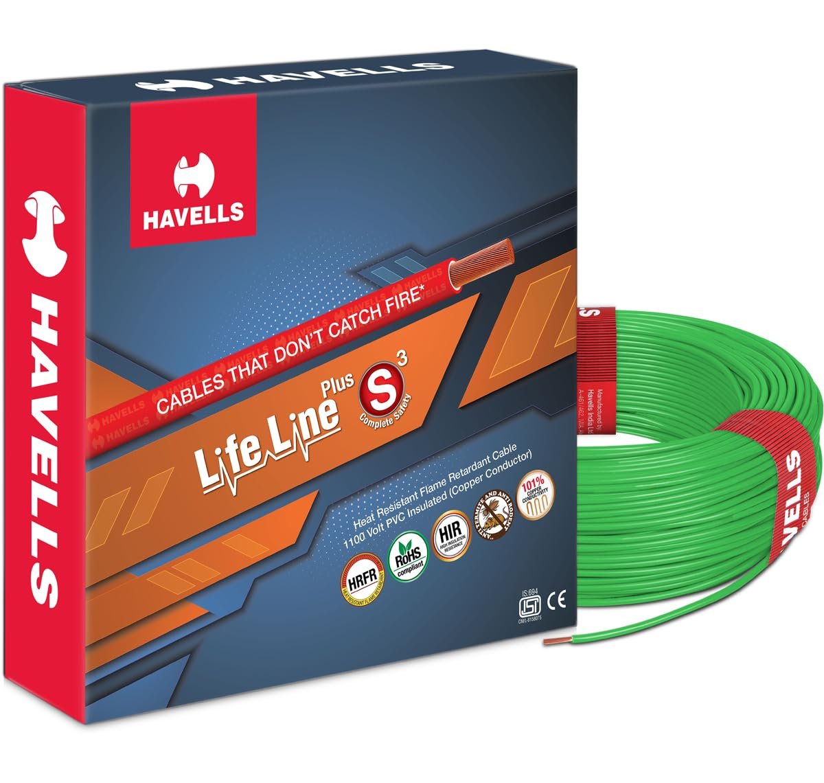 Havells LifeLine+ S3 | 0.75 sq.mm Copper Wire (180m – Green) 100% Copper | Heat & Flame Resistant | Domestic & Industrial Grade