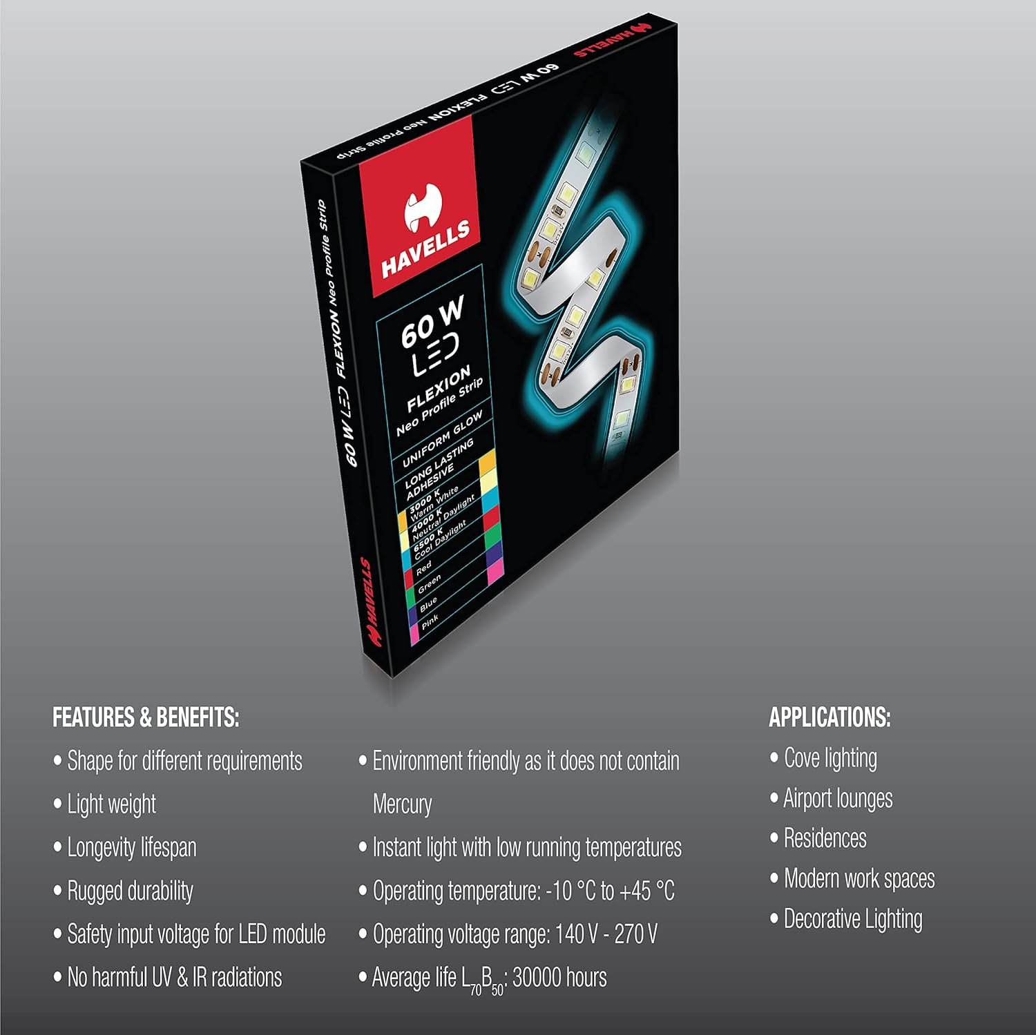 Havells Flexion LED Strip – Cool White (6500K) | 240 LEDs/Mtr | 12W/Mtr | 12V DC - Image 2