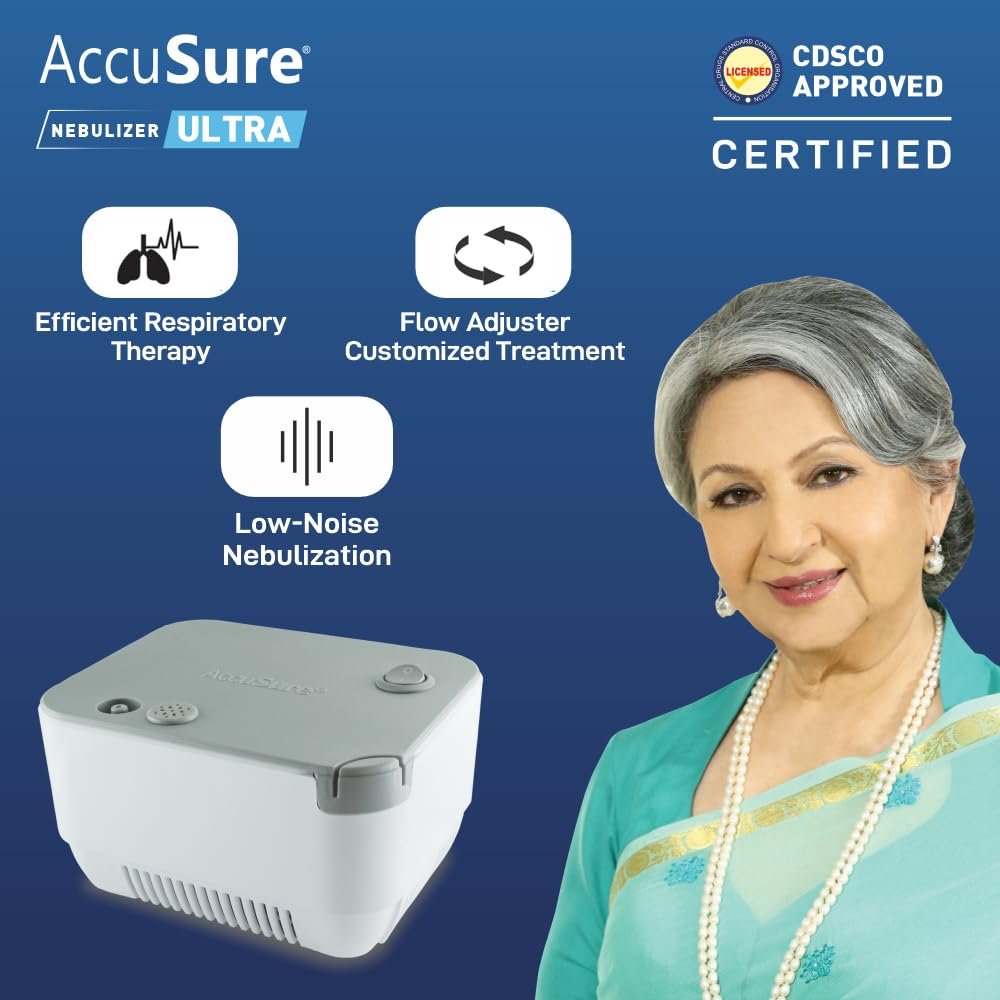 AccuSure ULTRA Compressor Nebulizer Machine for Kids & Adults Effective Relief for Cold, Cough, Asthma & Other Respiratory Issues Includes: Adult Mask, Child Mask, Mouthpiece & Filters CDSCO Approved | Low-Noise | High-Efficiency Nebulization - Image 2
