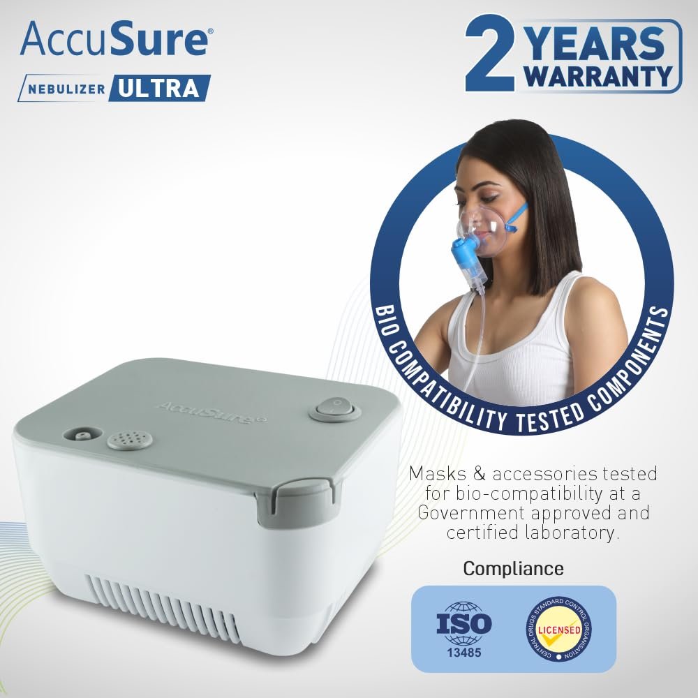 AccuSure ULTRA Compressor Nebulizer Machine for Kids & Adults Effective Relief for Cold, Cough, Asthma & Other Respiratory Issues Includes: Adult Mask, Child Mask, Mouthpiece & Filters CDSCO Approved | Low-Noise | High-Efficiency Nebulization - Image 3