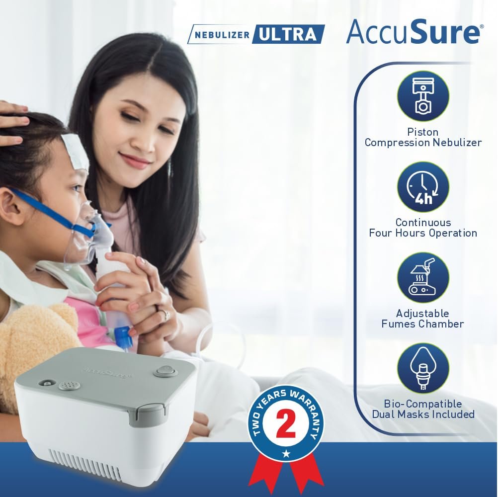 AccuSure ULTRA Compressor Nebulizer Machine for Kids & Adults Effective Relief for Cold, Cough, Asthma & Other Respiratory Issues Includes: Adult Mask, Child Mask, Mouthpiece & Filters CDSCO Approved | Low-Noise | High-Efficiency Nebulization - Image 6